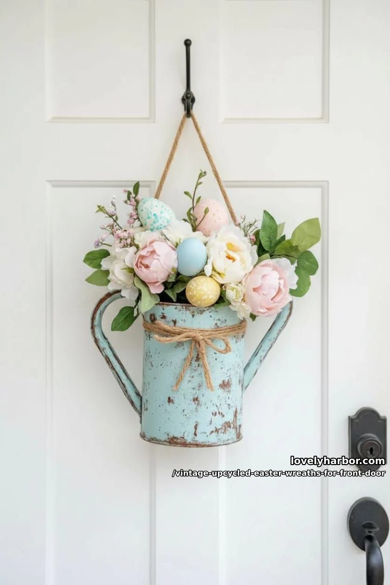 distressed spring watering can centerpiece with trailing faux florals and eggs 1