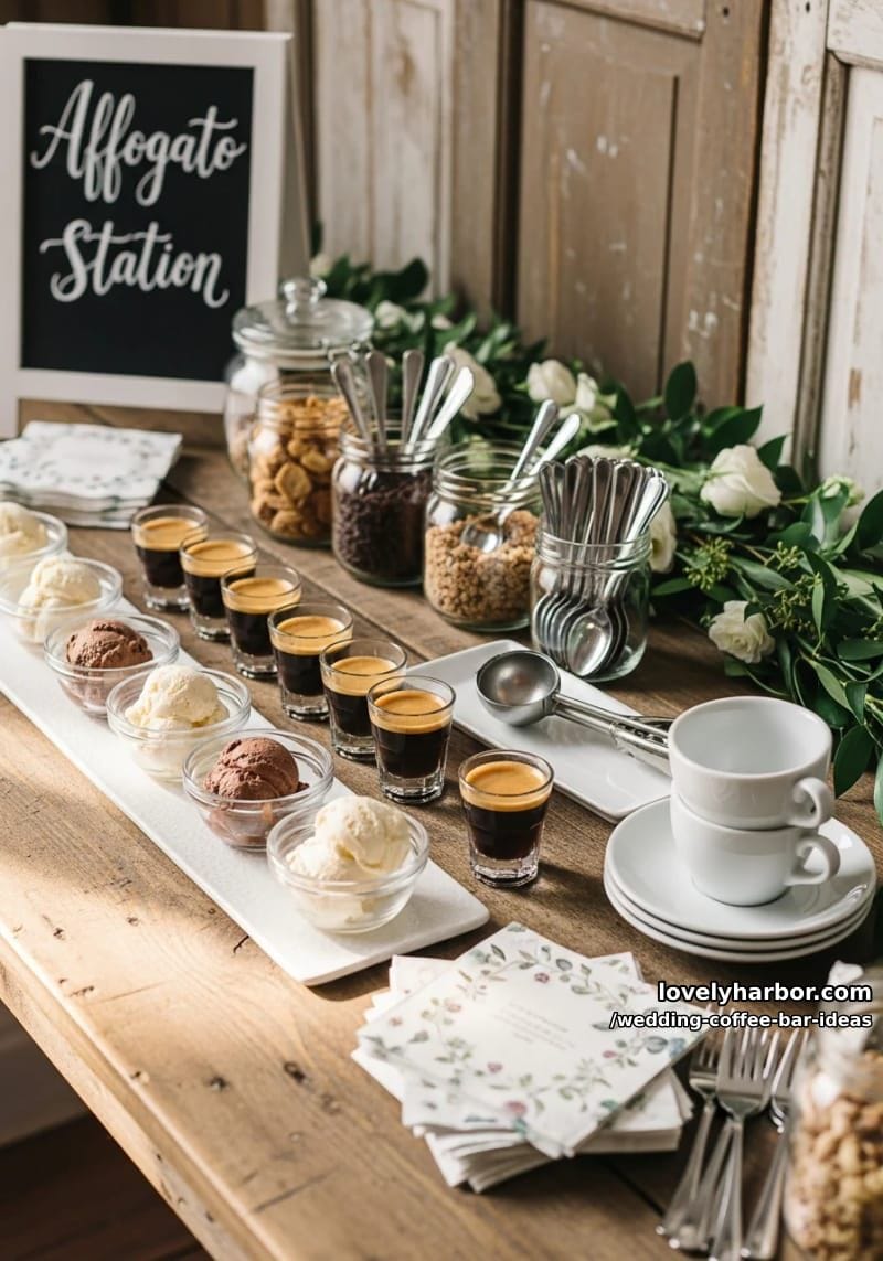 diy affogato station with mini ice cream scoops and espresso shots 1