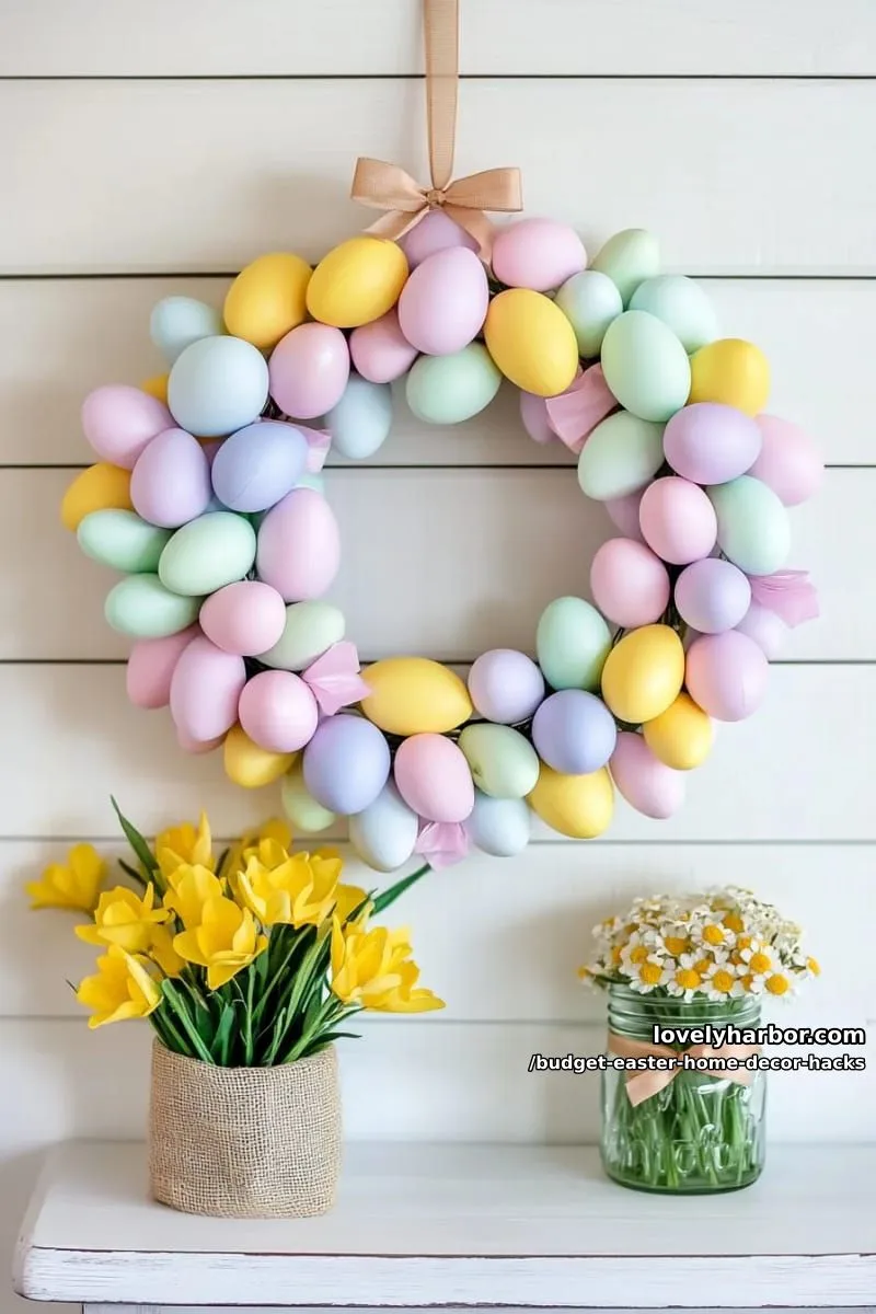diy easter egg wreath made from colorful plastic eggs on a wire hanger 1