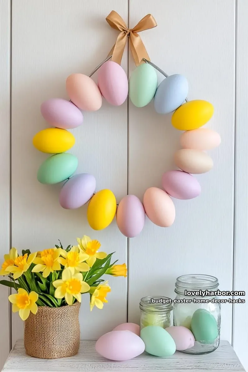 diy easter egg wreath made from colorful plastic eggs on a wire hanger 1