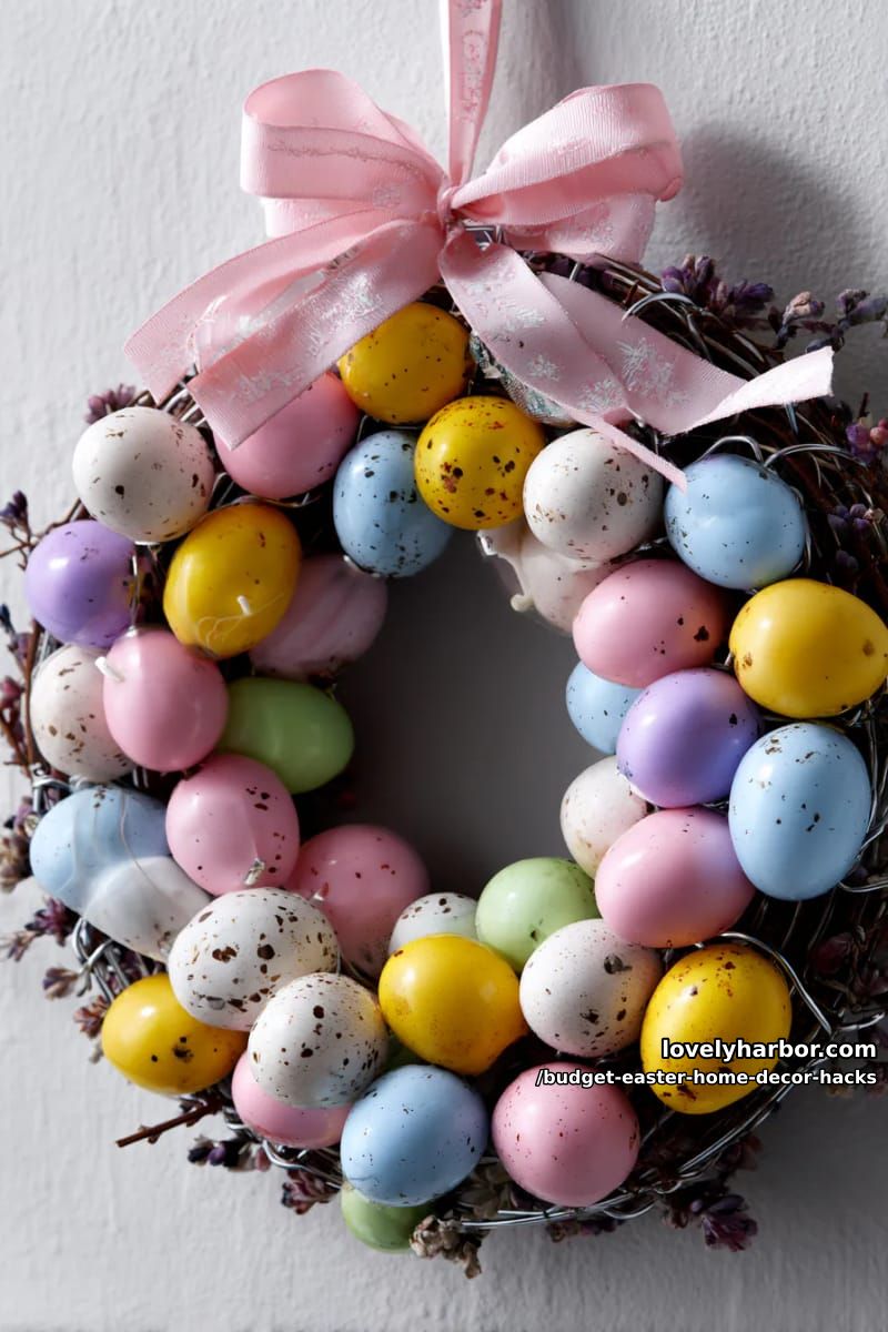 diy easter egg wreath made from colorful plastic eggs on a wire hanger 1