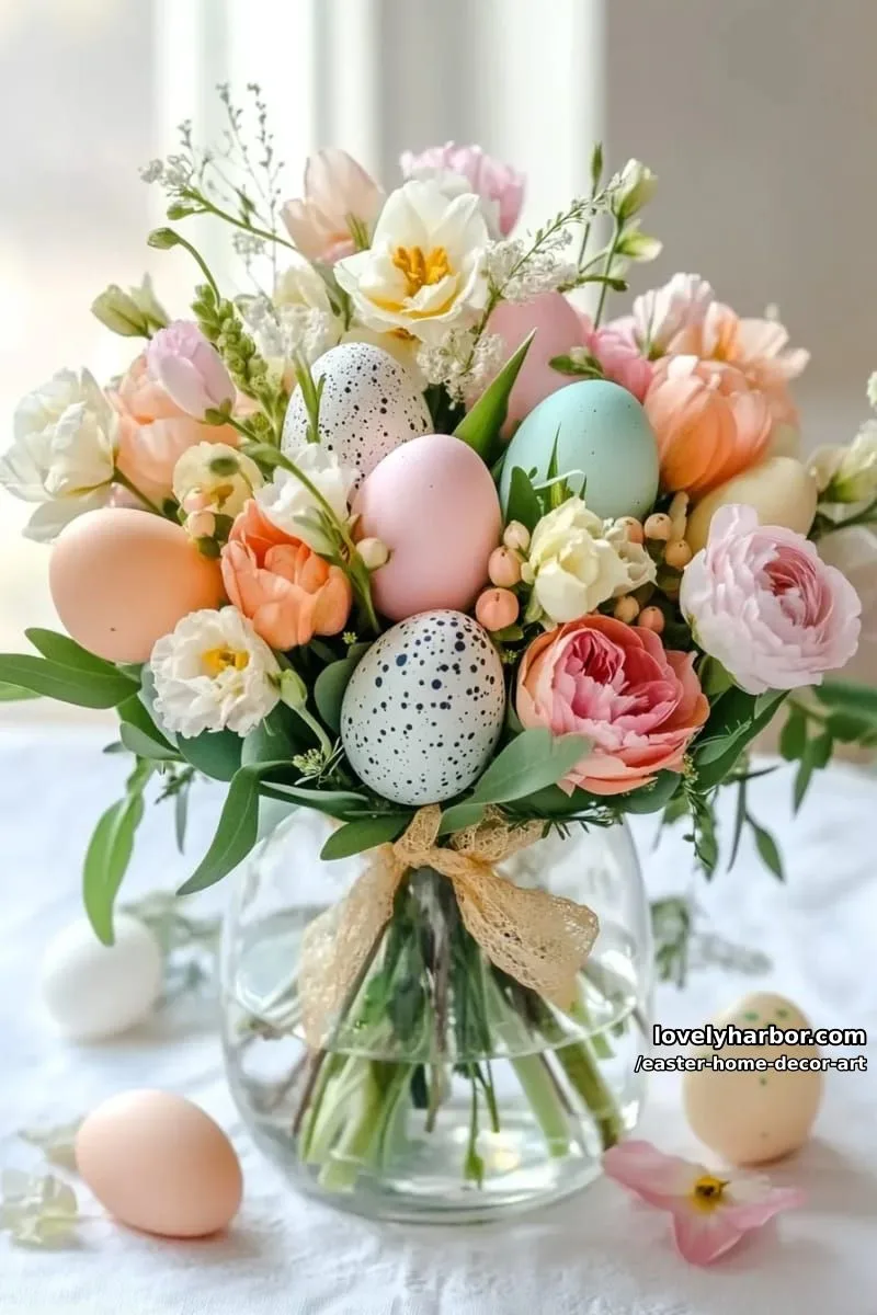 diy egg bouquet in clear glass, blending florals with painted eggs 1
