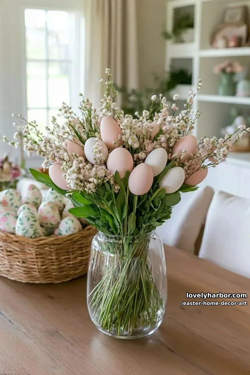 diy egg bouquet in clear glass, blending florals with painted eggs 1