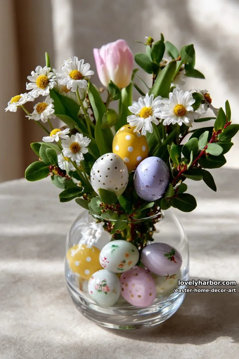 diy egg bouquet in clear glass, blending florals with painted eggs 1