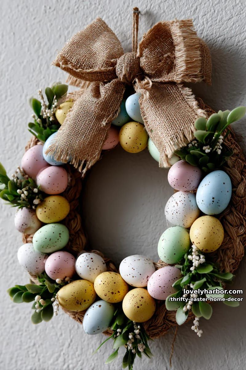 diy egg wreath using painted thrifted plastic eggs and burlap bows 1