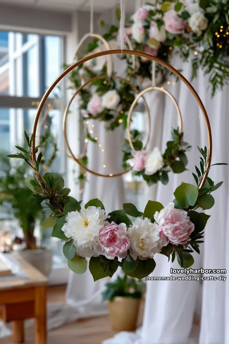 19 Homemade Wedding Crafts DIY To Wow Your Guests 8 diy floral hoops with eucalyptus, peonies, and fairy lights for altar decor 1