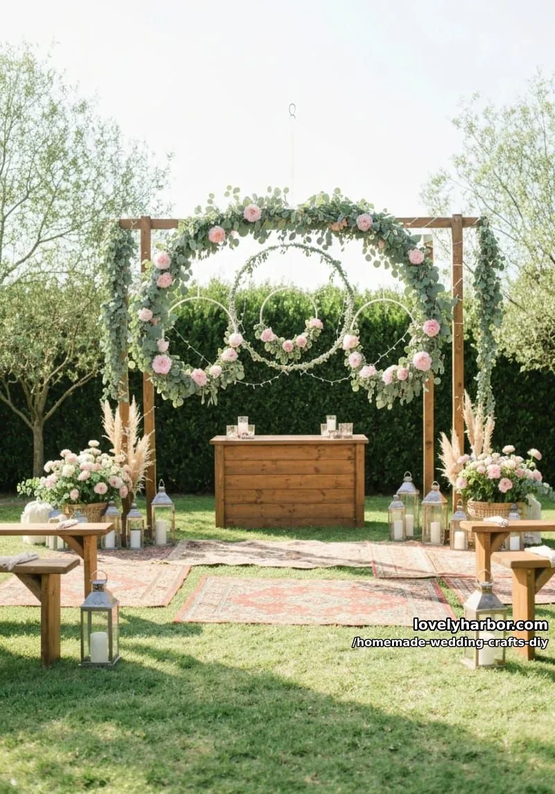 19 Homemade Wedding Crafts DIY To Wow Your Guests 9 diy floral hoops with eucalyptus, peonies, and fairy lights for altar decor 1