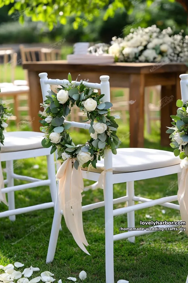 19 Homemade Wedding Crafts DIY To Wow Your Guests 30 diy floral wreaths for chair backs using faux greenery and silk ribbons 1