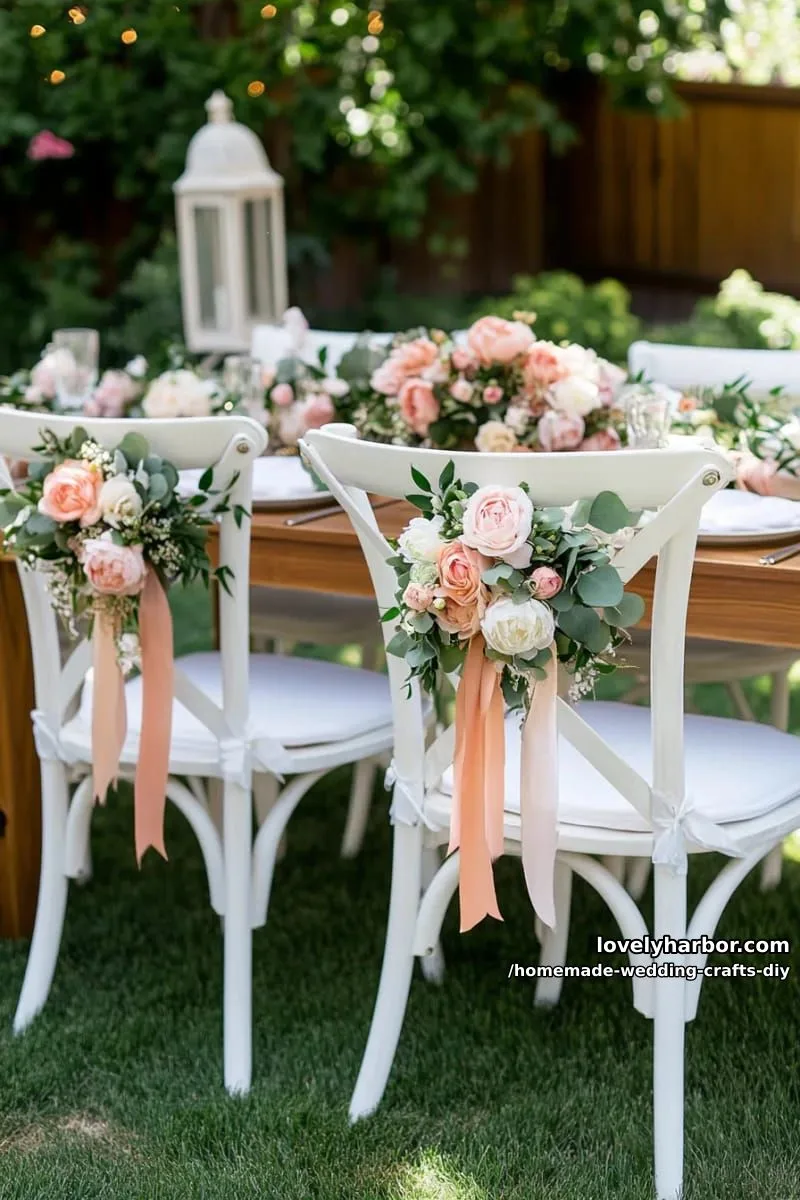 19 Homemade Wedding Crafts DIY To Wow Your Guests 31 diy floral wreaths for chair backs using faux greenery and silk ribbons 1