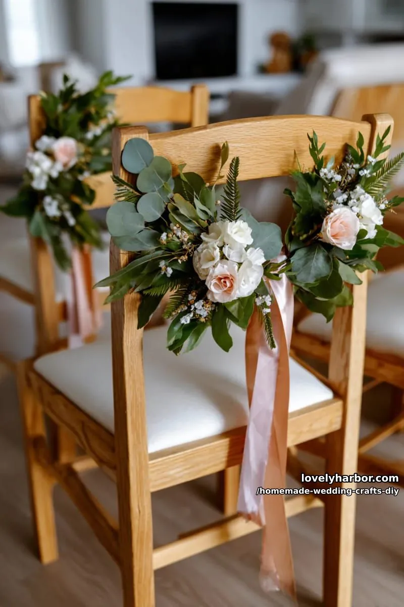 19 Homemade Wedding Crafts DIY To Wow Your Guests 32 diy floral wreaths for chair backs using faux greenery and silk ribbons 1