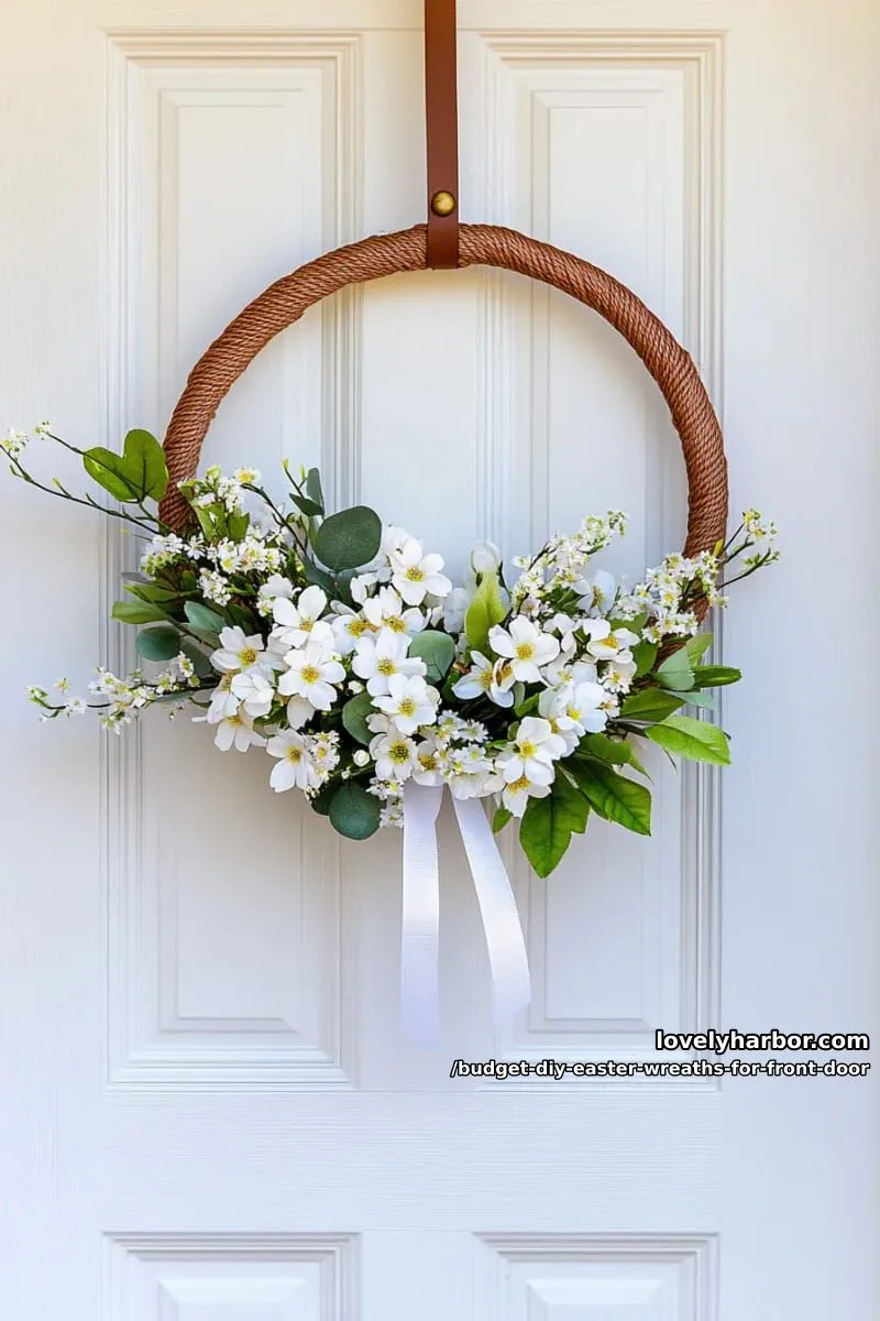 diy hoop wreath wrapped in yarn, decorated with faux spring blossoms 1