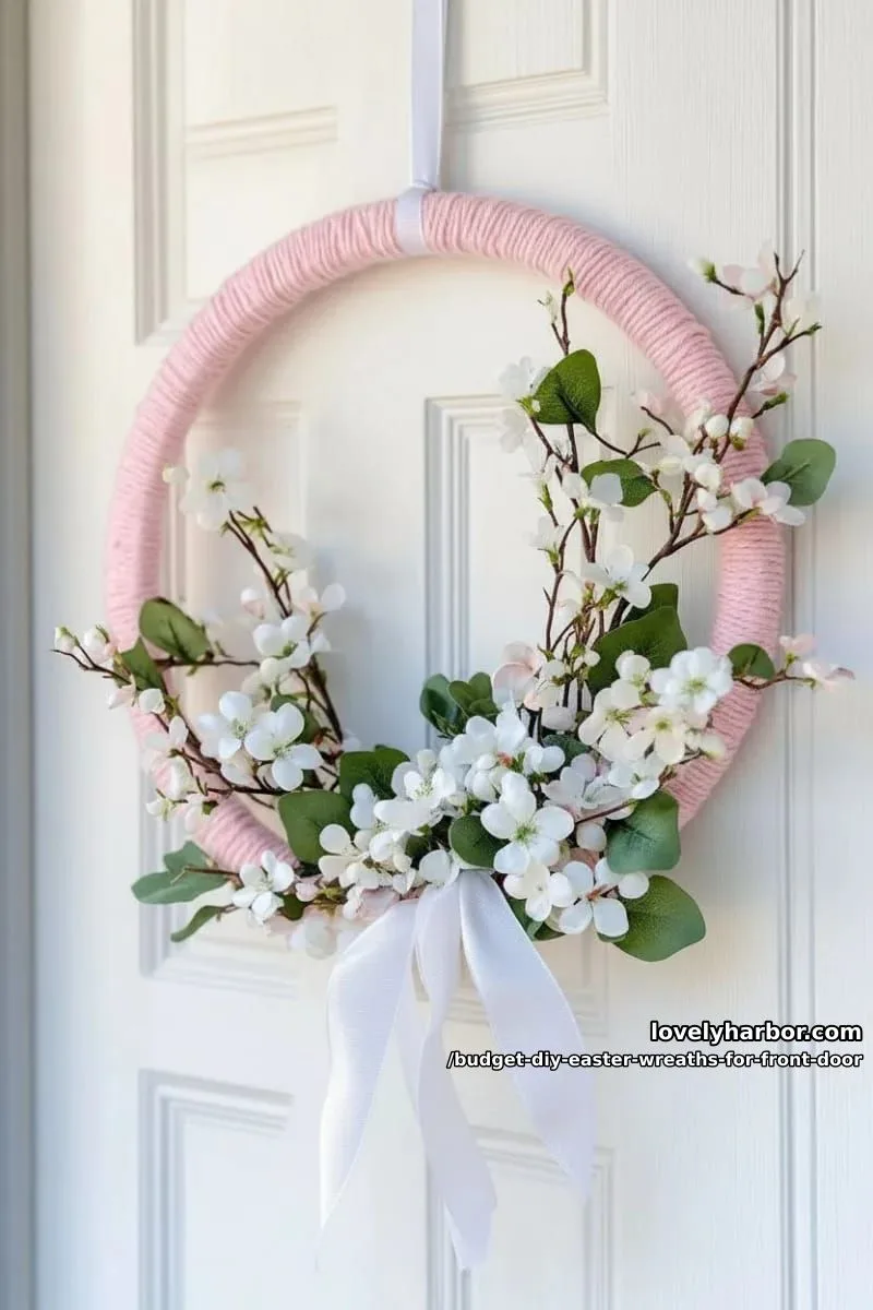 diy hoop wreath wrapped in yarn, decorated with faux spring blossoms 1