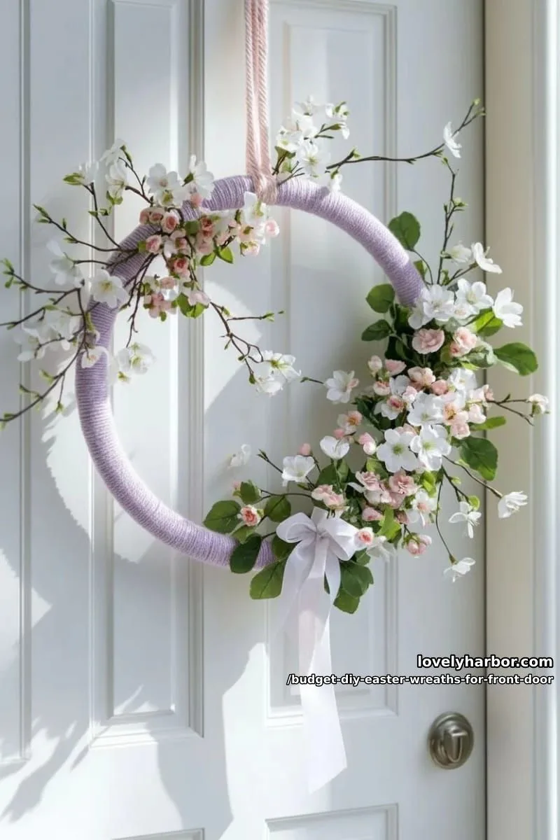 diy hoop wreath wrapped in yarn, decorated with faux spring blossoms 1