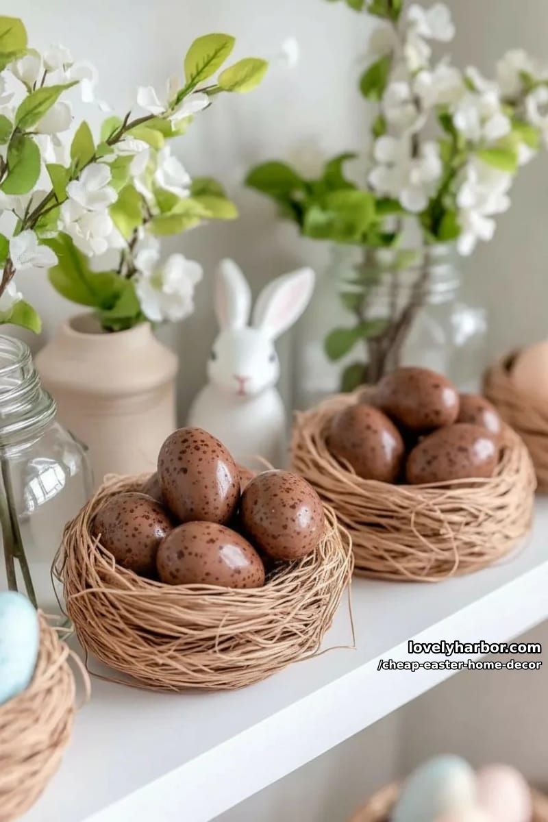 diy mini egg nests using raffia and speckled chocolate eggs for shelf decor 1