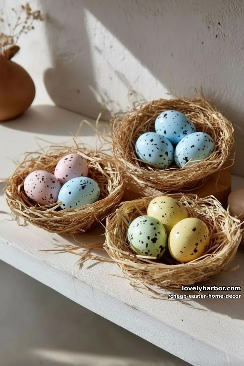 diy mini egg nests using raffia and speckled chocolate eggs for shelf decor 1