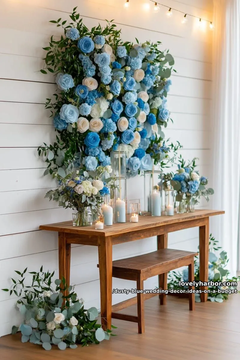 diy paper flower wall in various dusty blue shades for photo backdrop 1
