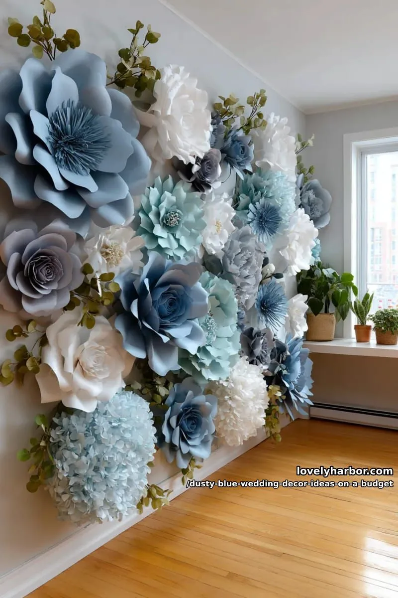 diy paper flower wall in various dusty blue shades for photo backdrop 1