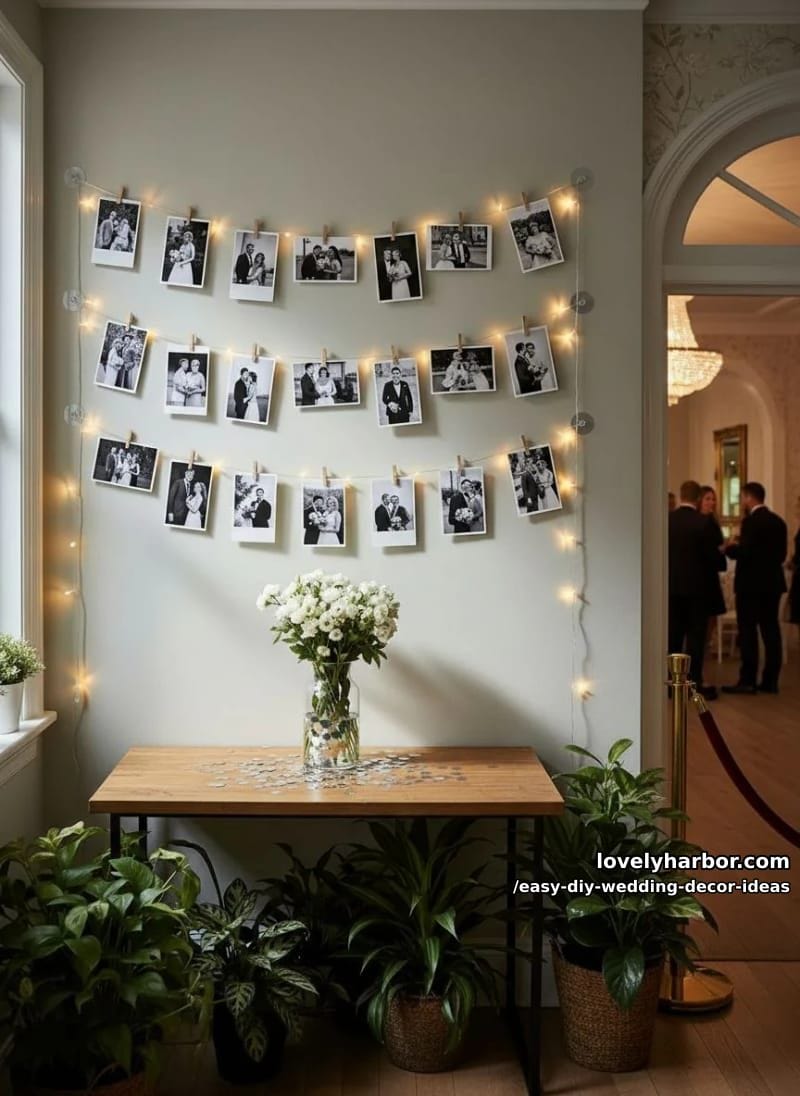 diy photo wall using string lights and black-and-white wedding snapshots 1