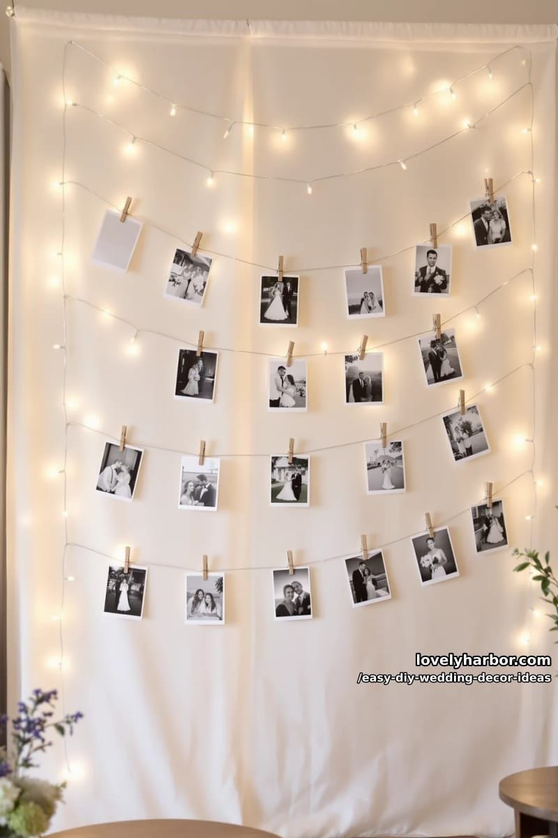 diy photo wall using string lights and black-and-white wedding snapshots 1