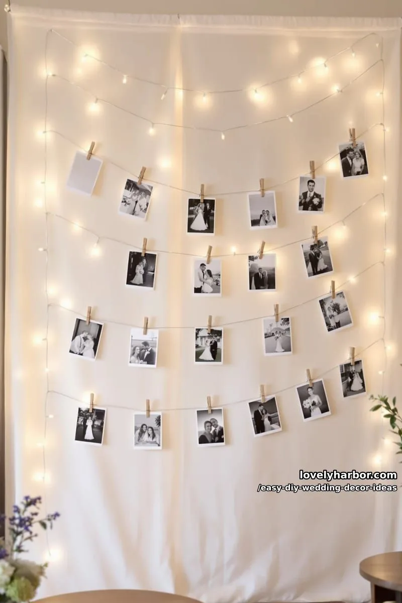 15 Easy DIY Wedding Decor Ideas for a Chic Wedding Set 8 diy photo wall using string lights and black-and-white wedding snapshots 1
