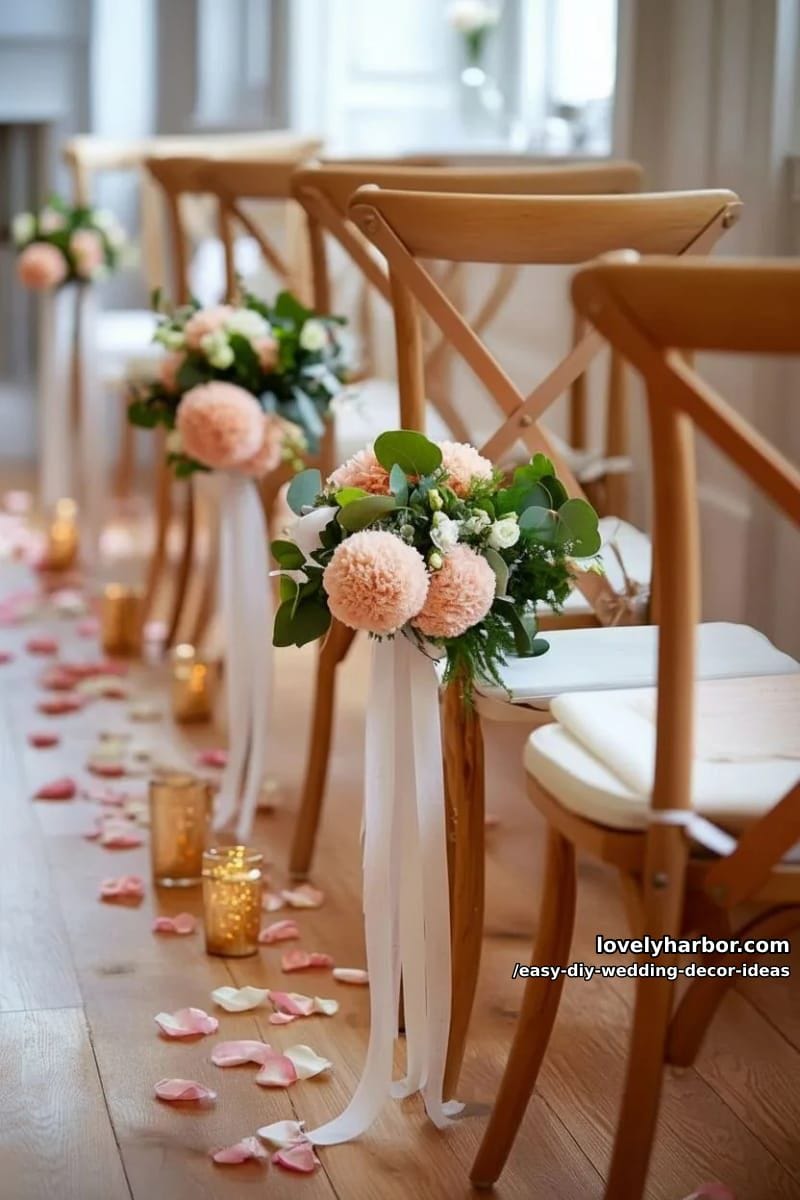 diy yarn pom-pom garlands in soft blush and cream for wedding chairs 1