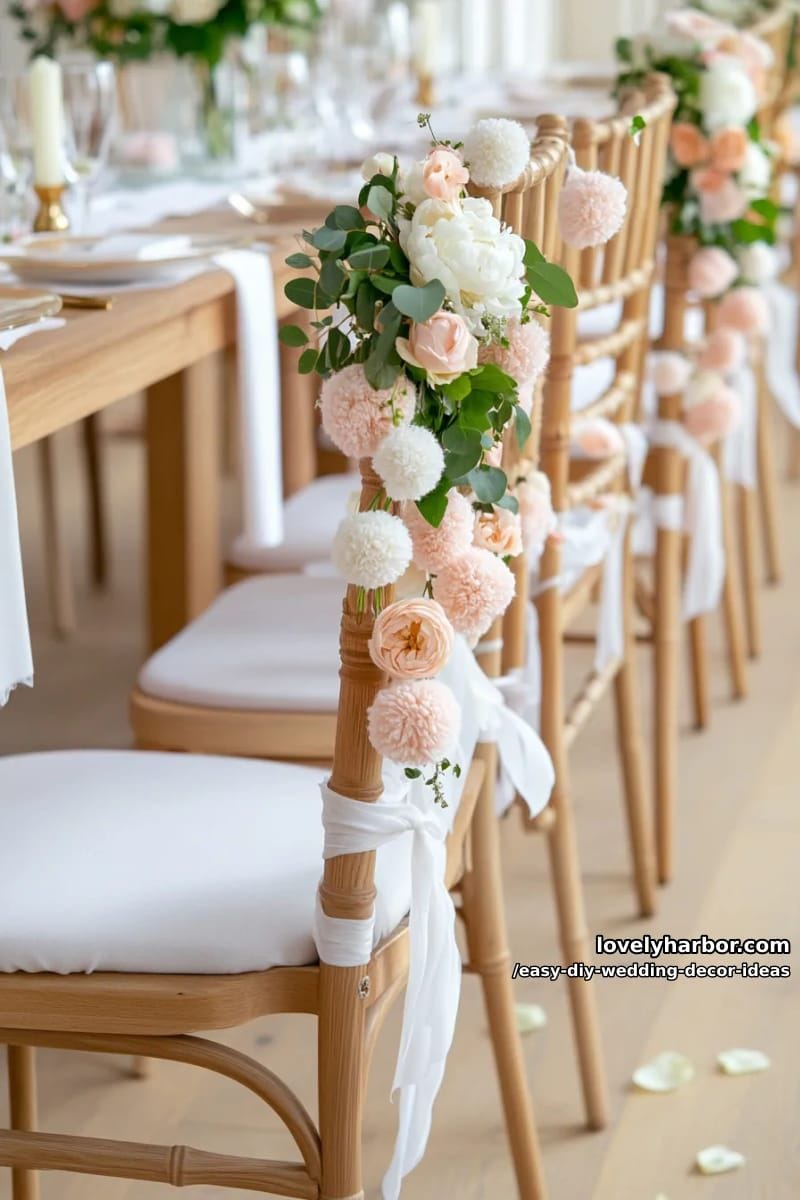 diy yarn pom-pom garlands in soft blush and cream for wedding chairs 1