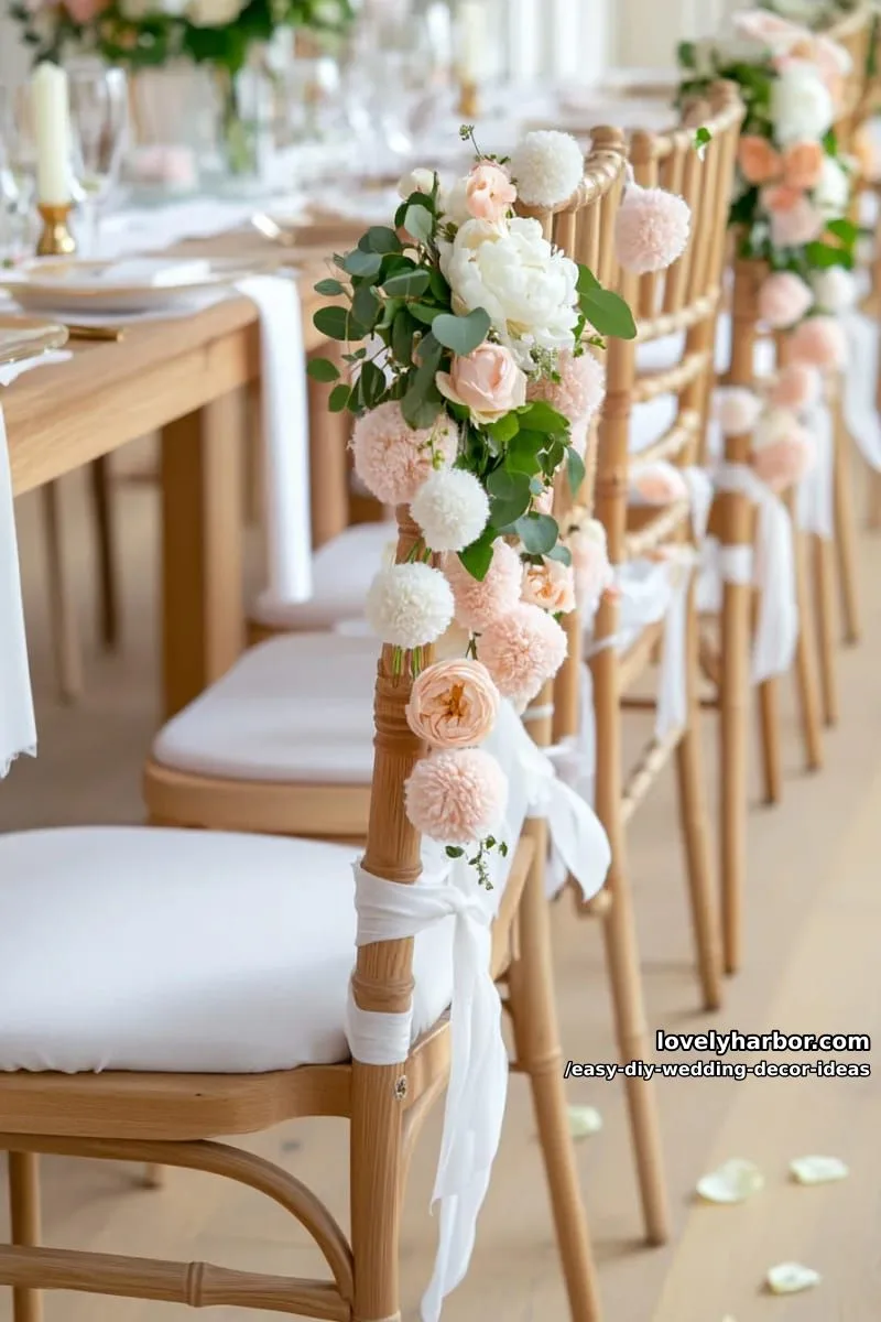 15 Easy DIY Wedding Decor Ideas for a Chic Wedding Set 34 diy yarn pom-pom garlands in soft blush and cream for wedding chairs 1