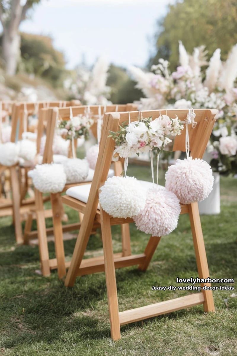 diy yarn pom-pom garlands in soft blush and cream for wedding chairs 1