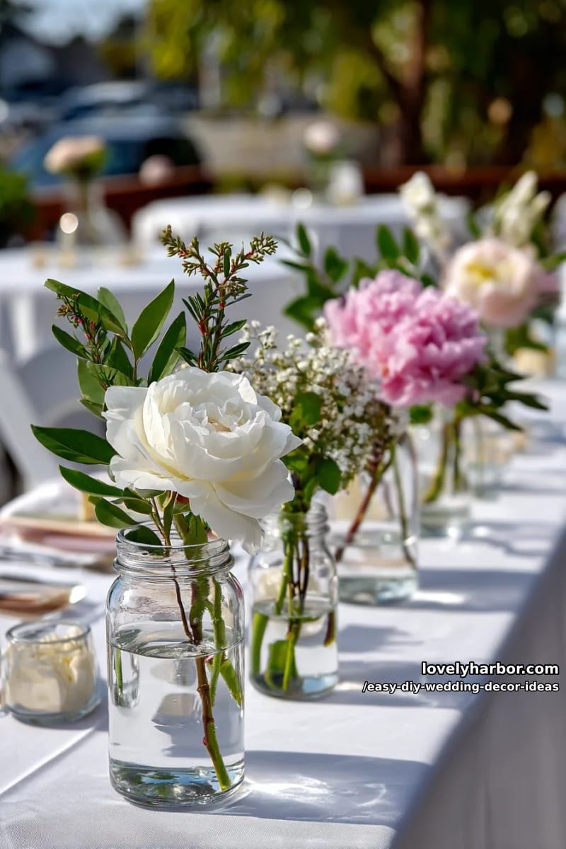 dollar store bud vases with single stems for minimalist reception tables 1