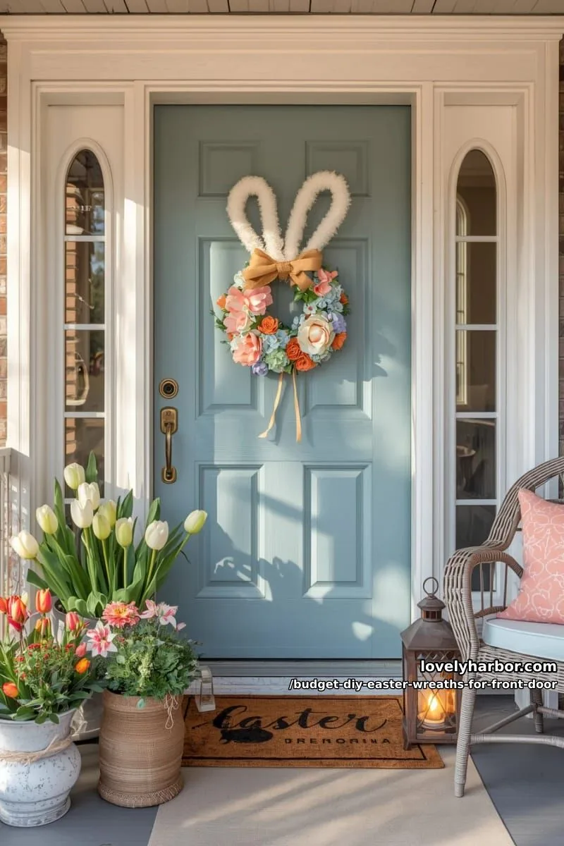 dollar store bunny ear wreath using fuzzy pipe cleaners and faux flowers 1