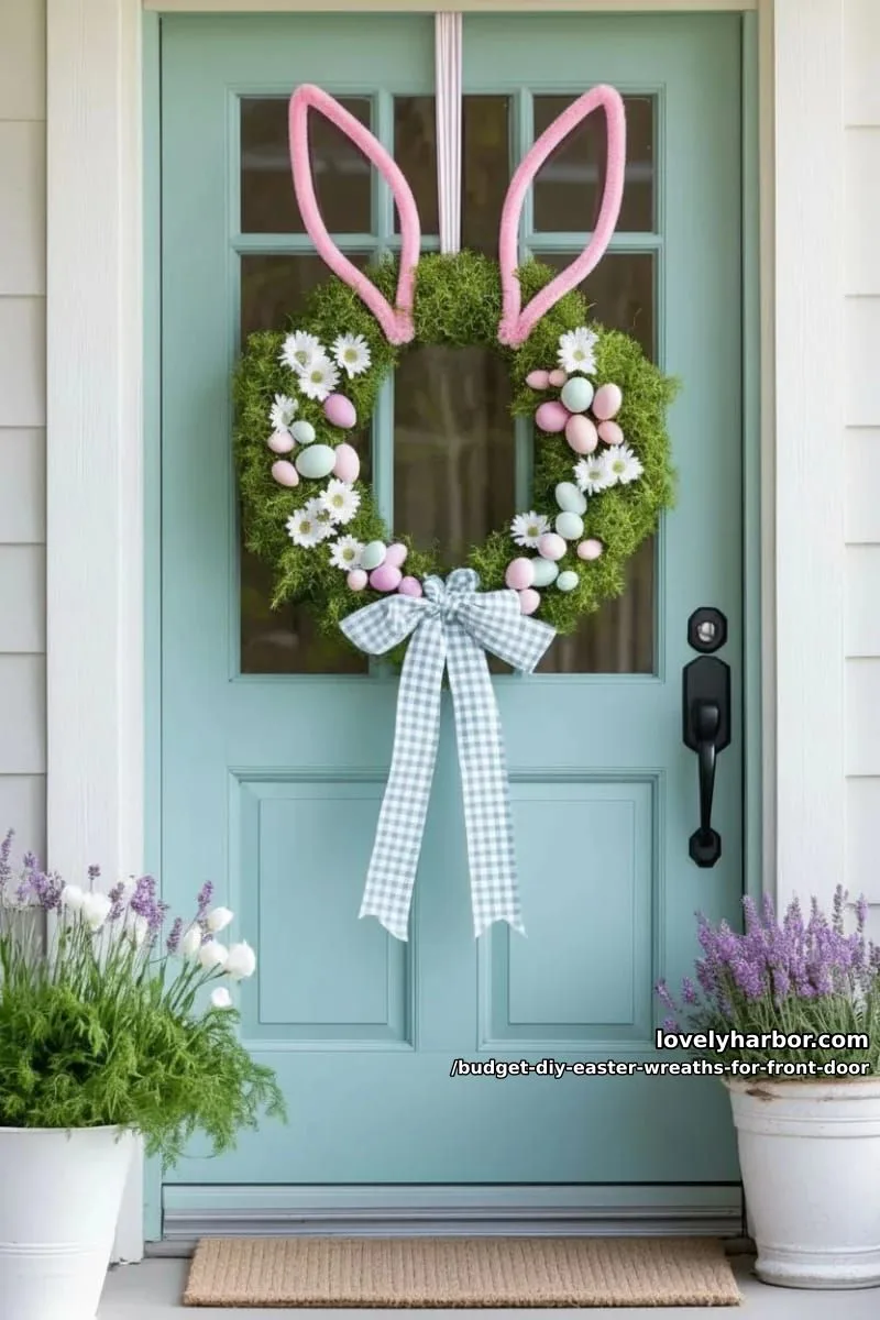 dollar store bunny ear wreath using fuzzy pipe cleaners and faux flowers 1