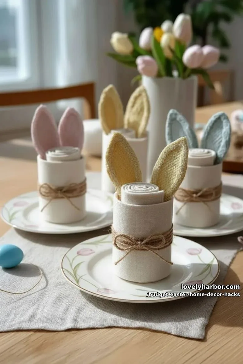 dollar store bunny-shaped napkin rings using twine and felt scraps 1