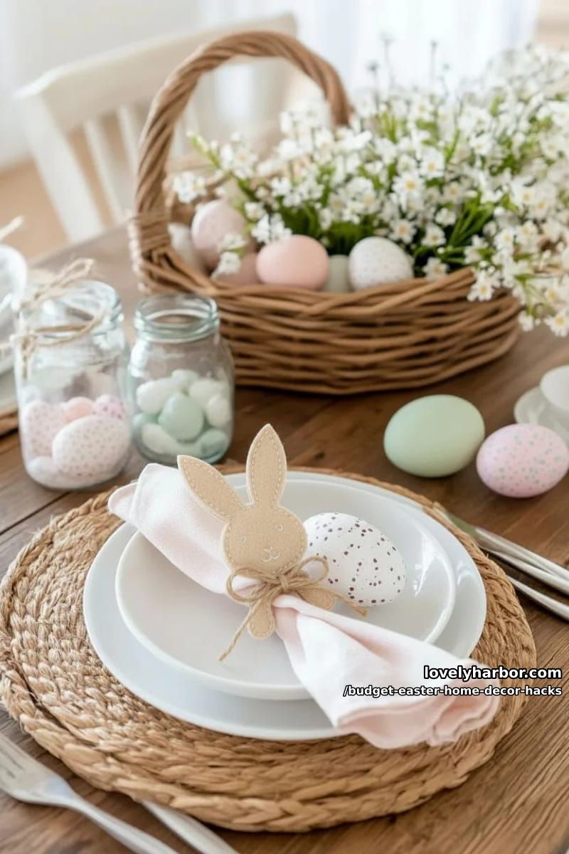 dollar store bunny-shaped napkin rings using twine and felt scraps 1