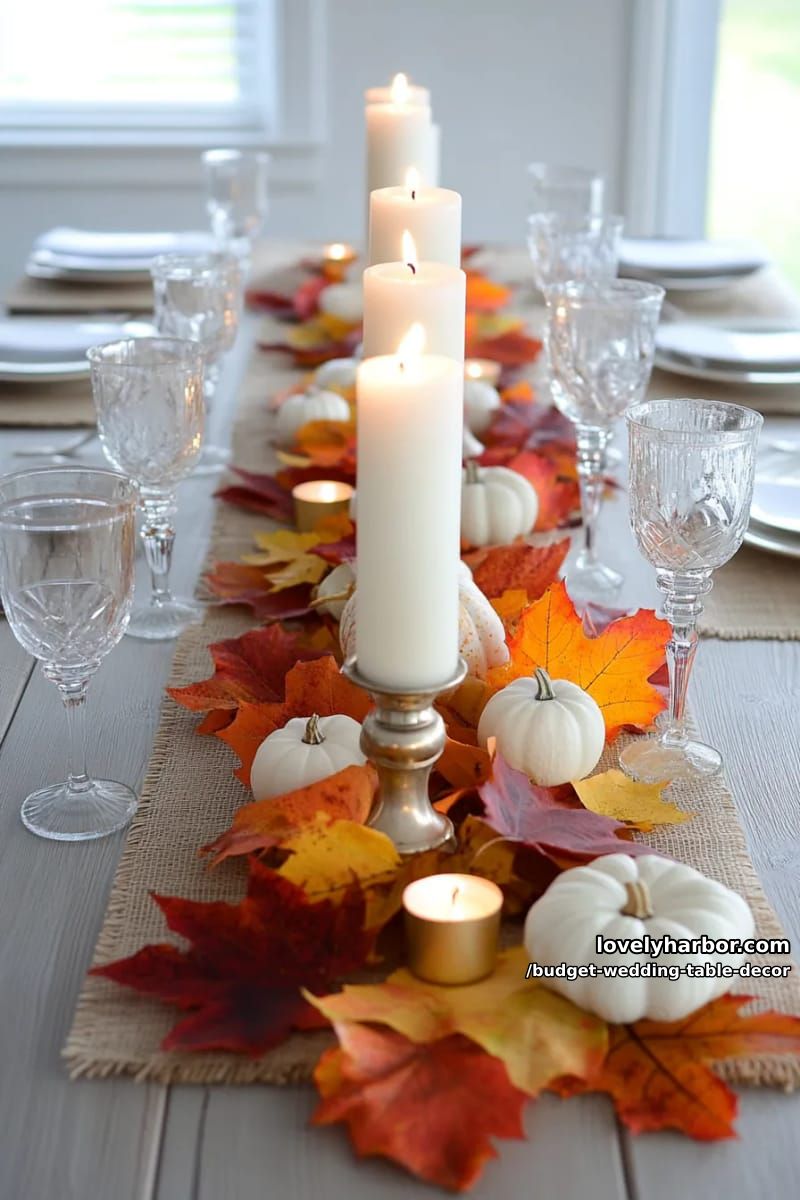 dollar store candlesticks grouped with colorful autumn leaves for fall weddings 1