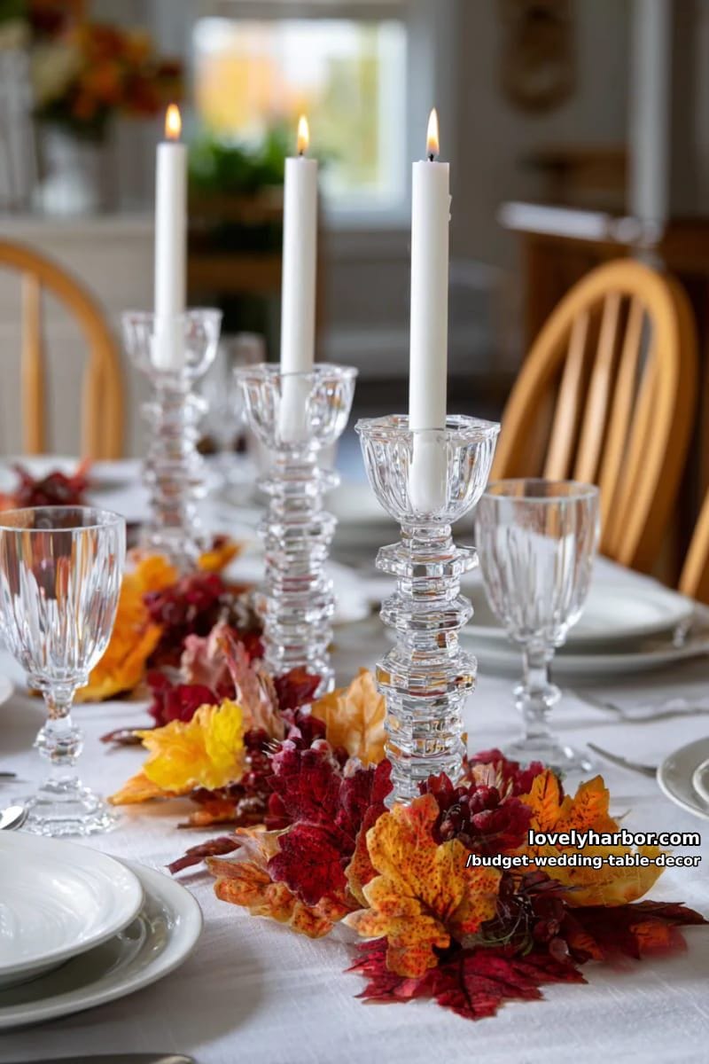 dollar store candlesticks grouped with colorful autumn leaves for fall weddings 1