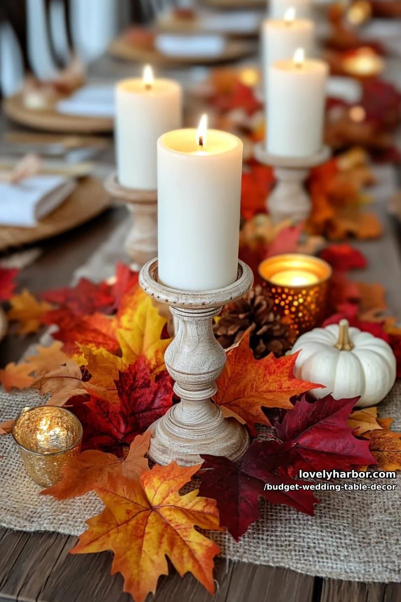 dollar store candlesticks grouped with colorful autumn leaves for fall weddings 1
