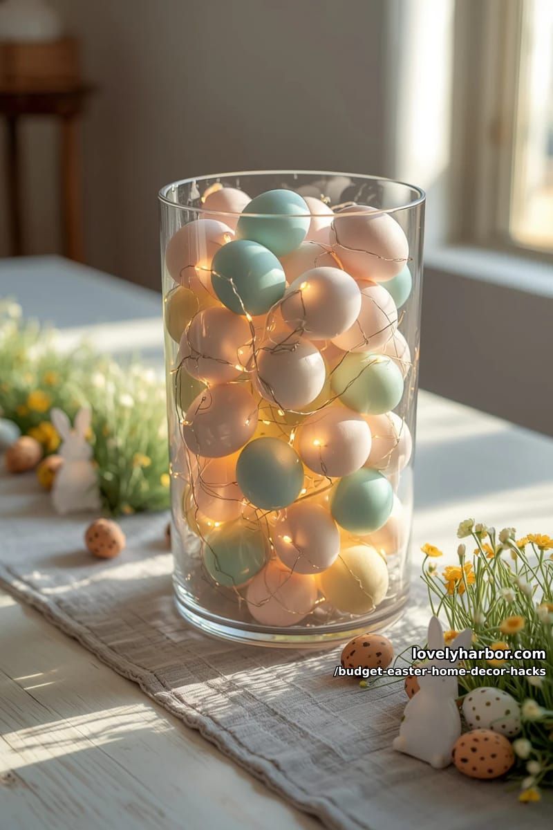 dollar store fairy lights tucked into a clear vase of pastel eggs 1