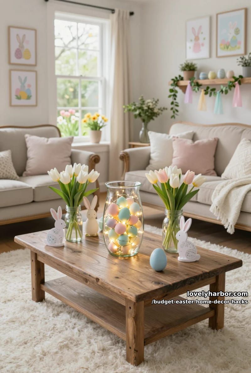 dollar store fairy lights tucked into a clear vase of pastel eggs 1