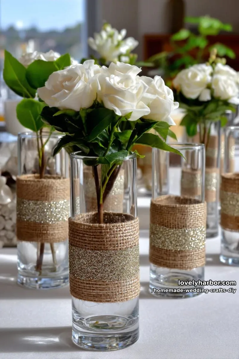 19 Homemade Wedding Crafts DIY To Wow Your Guests 17 dollar store glass vases wrapped with burlap and glitter ribbon accents 1