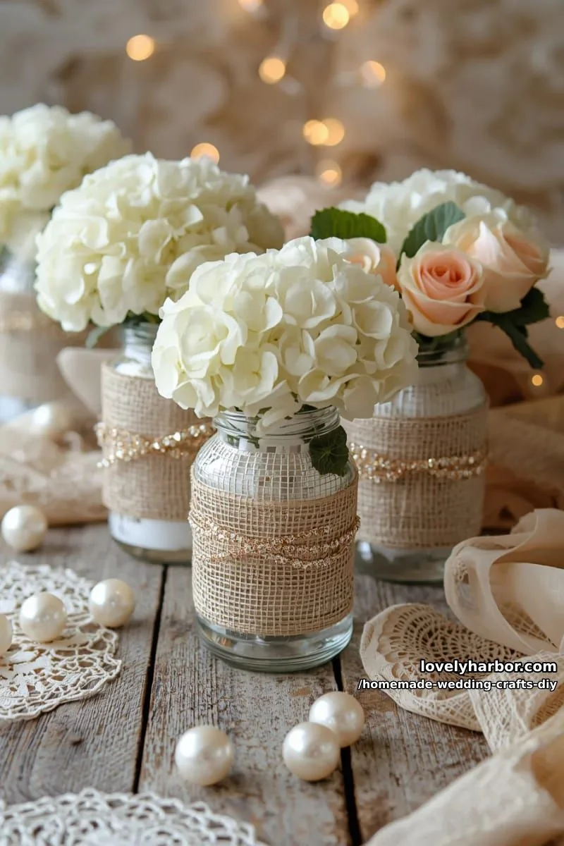 19 Homemade Wedding Crafts DIY To Wow Your Guests 18 dollar store glass vases wrapped with burlap and glitter ribbon accents 1