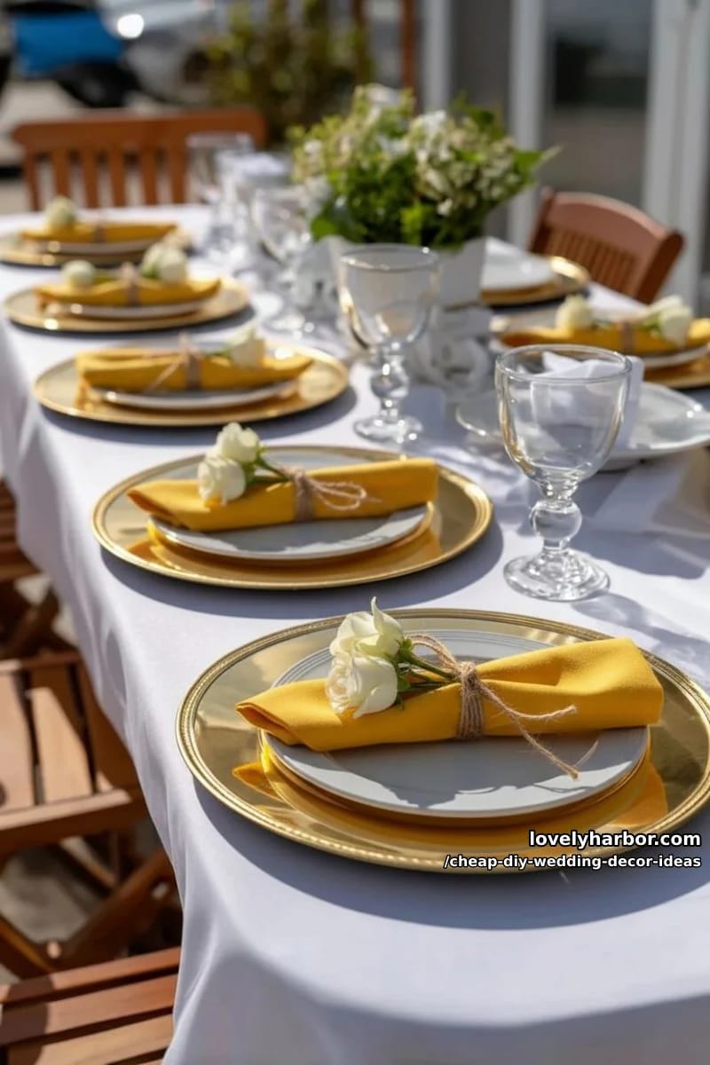 dollar store gold chargers under simple white plates for elegance 1