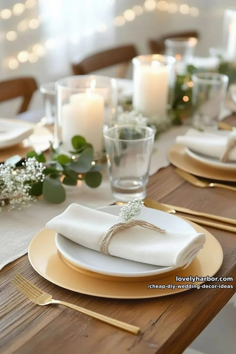 dollar store gold chargers under simple white plates for elegance 1