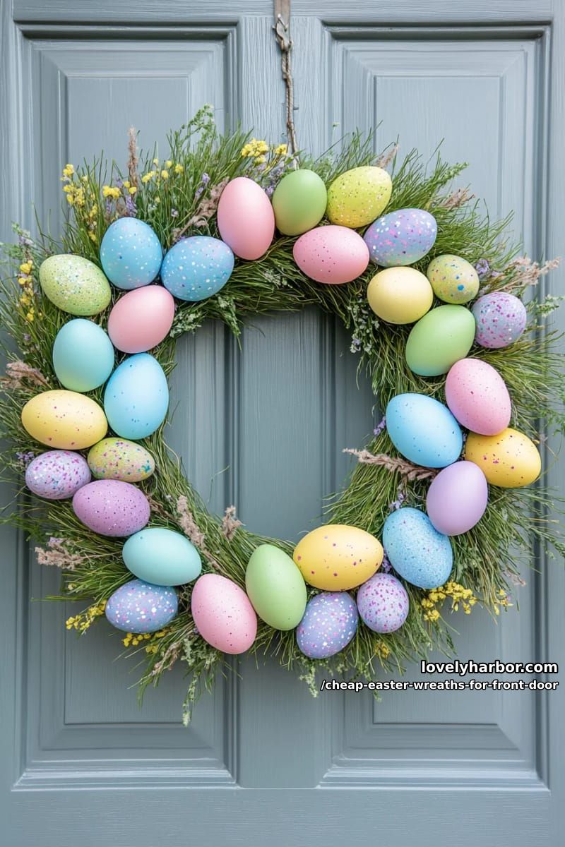 dollar store pastel egg wreath with faux grass accents 1