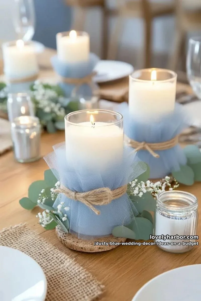 dollar store pillar candles wrapped in blue tulle and twine 1