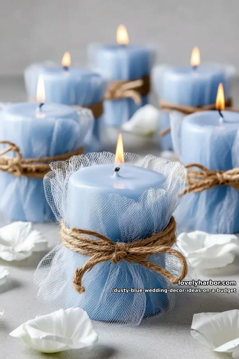 dollar store pillar candles wrapped in blue tulle and twine 1