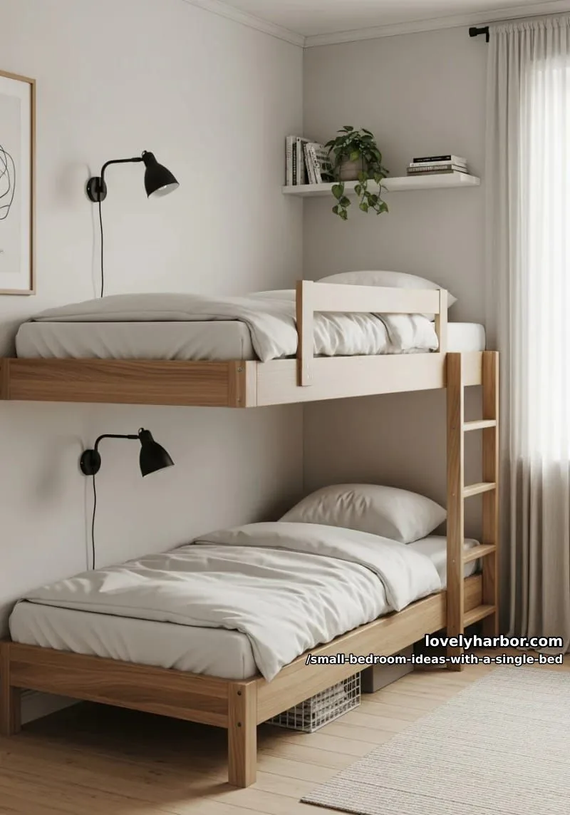 double-stacked single beds in a corner for a stylish shared sleeping space. 1