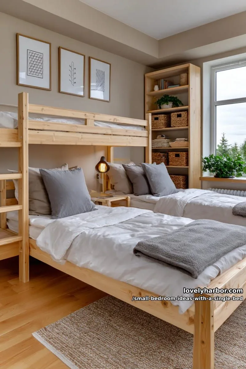 double-stacked single beds in a corner for a stylish shared sleeping space. 1