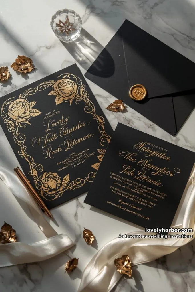 dramatic black and gold invitations with swirling botanical illustration 10