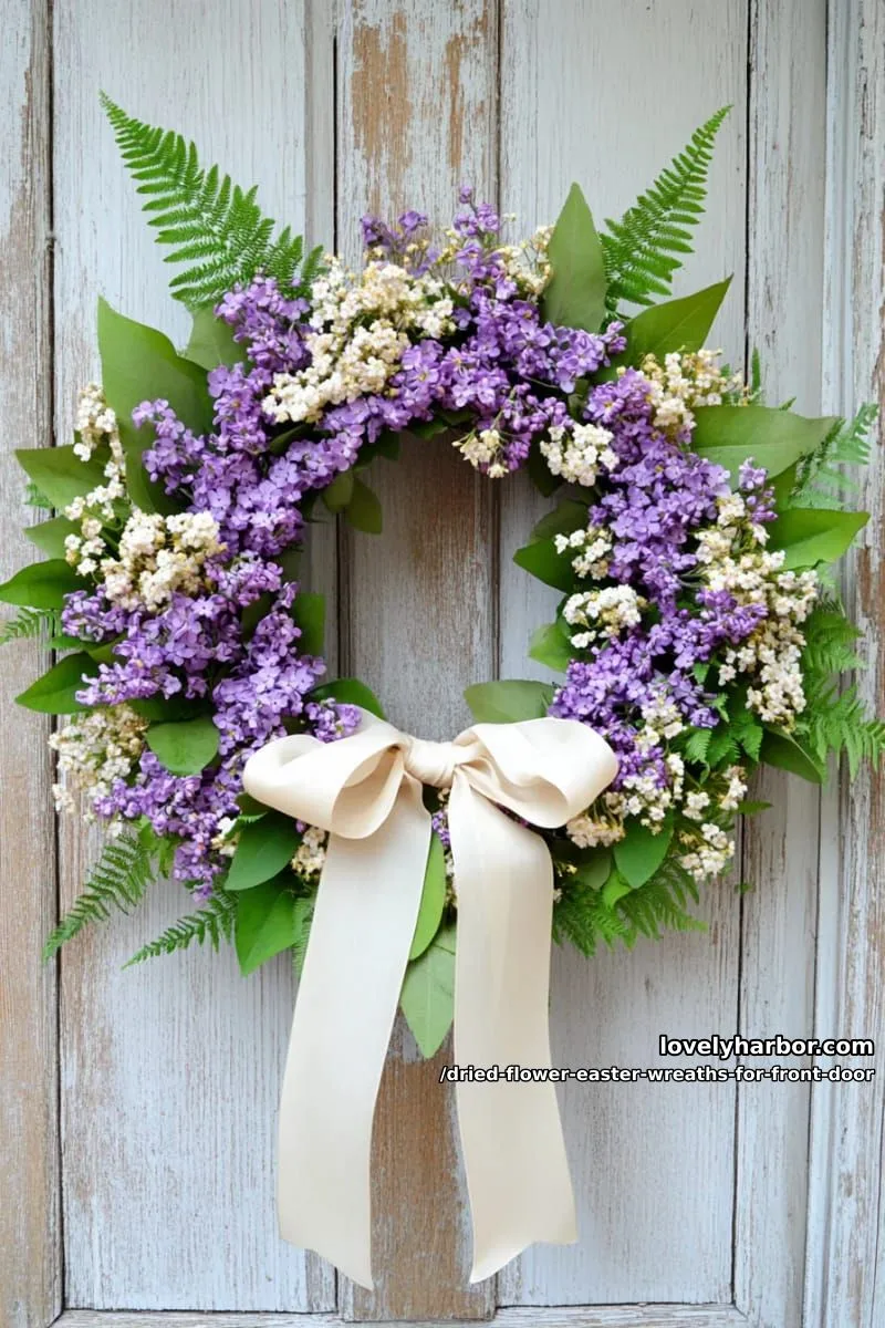 dried lilac, fern, and pale yellow strawflowers with a cascading silk ribbon 1