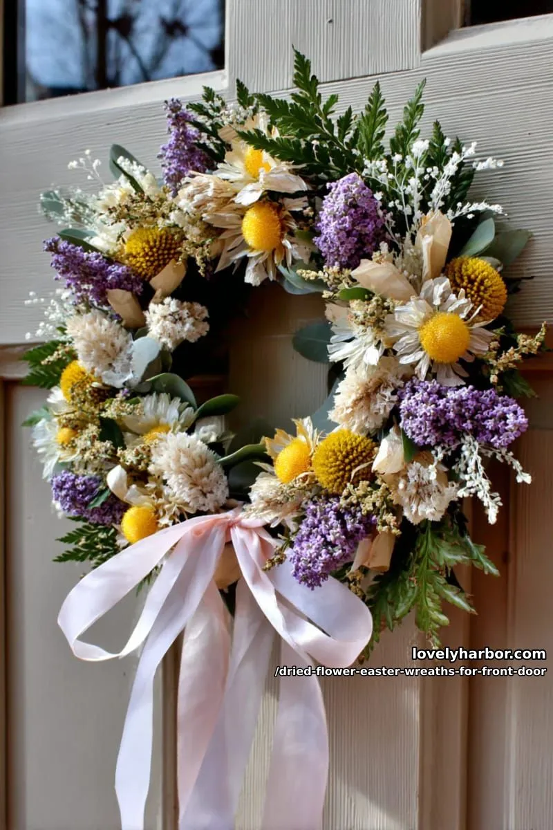 dried lilac, fern, and pale yellow strawflowers with a cascading silk ribbon 1